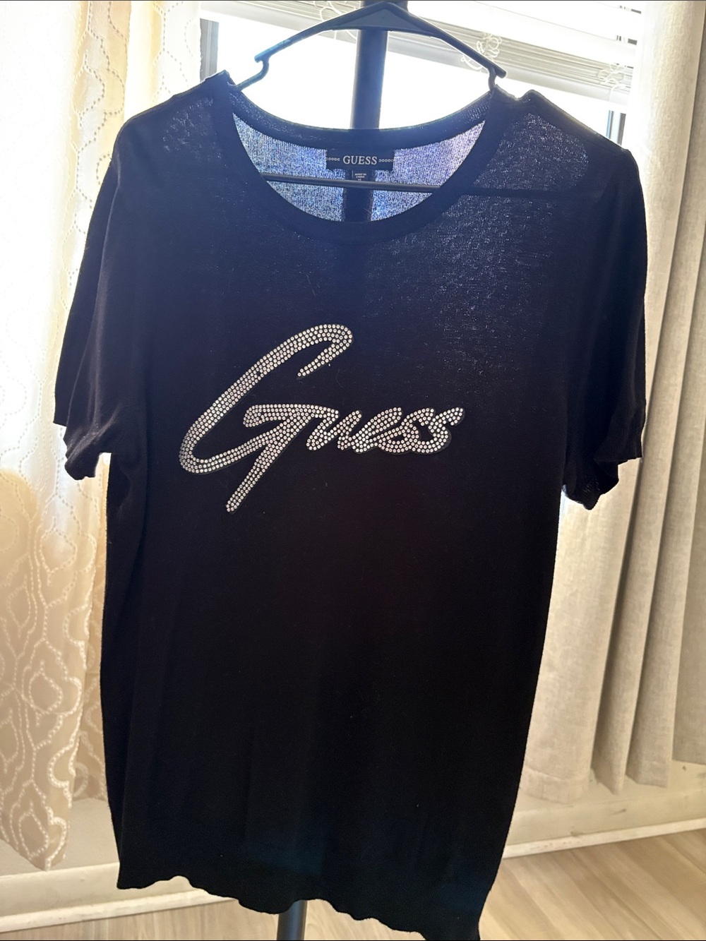 Guess Black Short Sleeve Tee with Rhinestone Script Logo